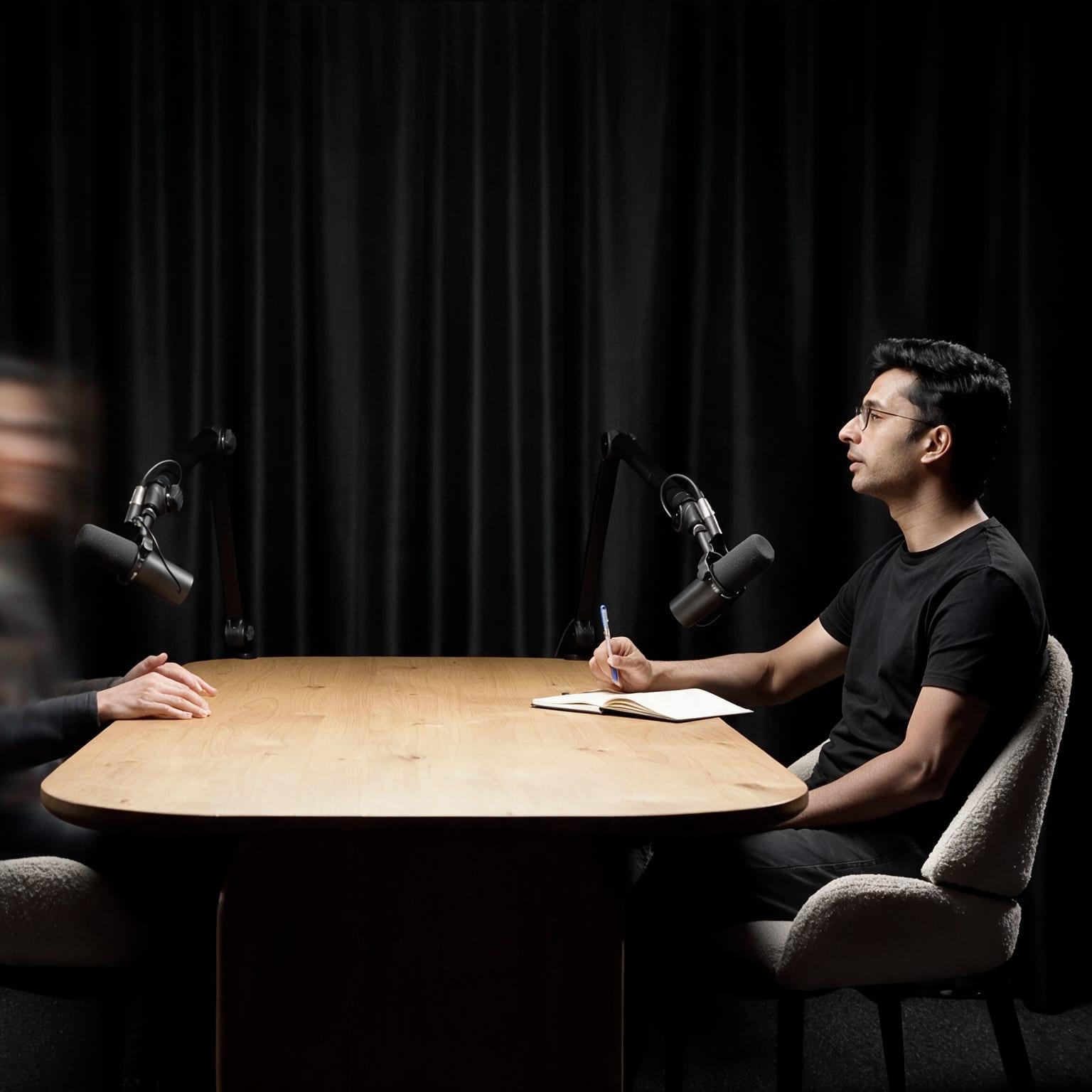A host and guest talking across a wooden table with podcast microphones, in a dark studio