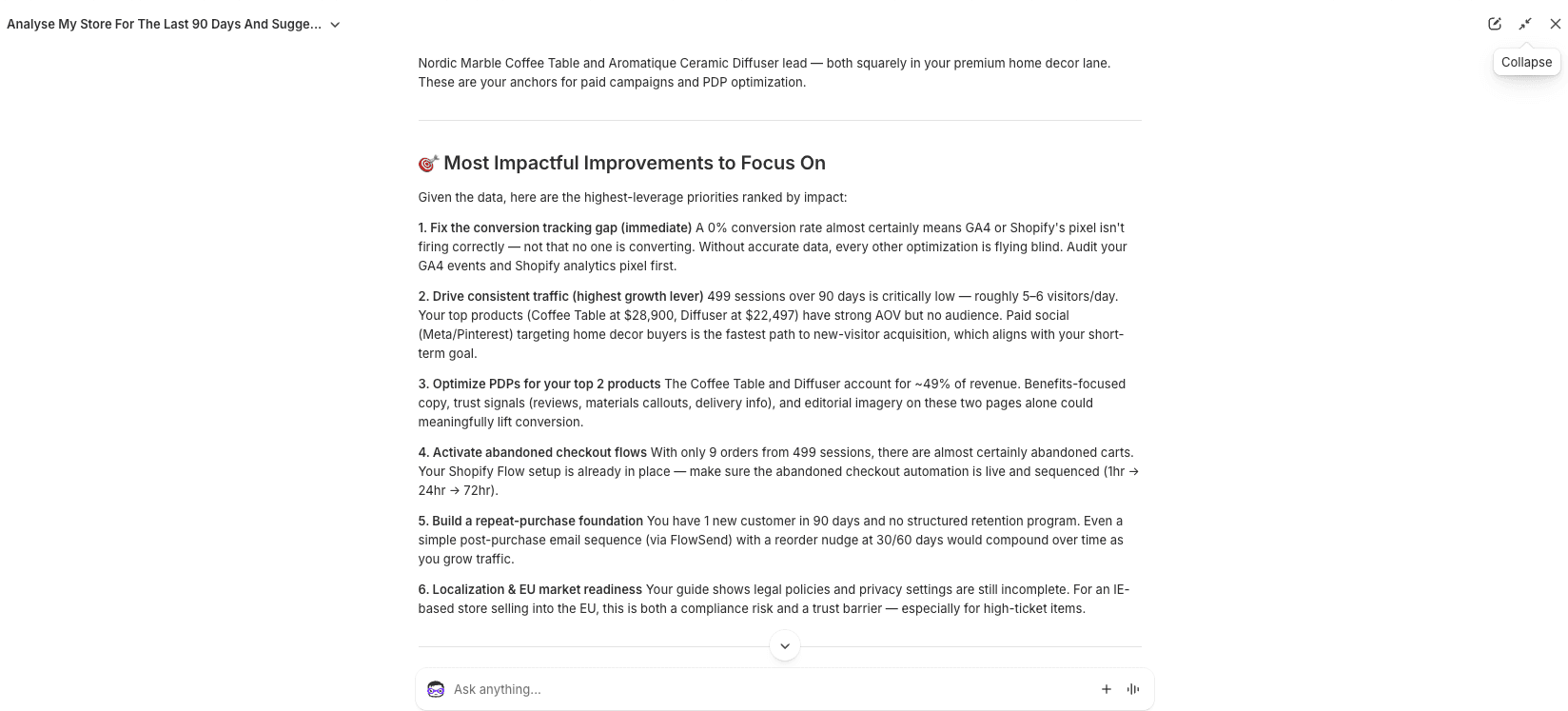 Sidekick's ranked improvements, led by fixing the conversion tracking gap and driving consistent traffic, then optimising the top two product pages