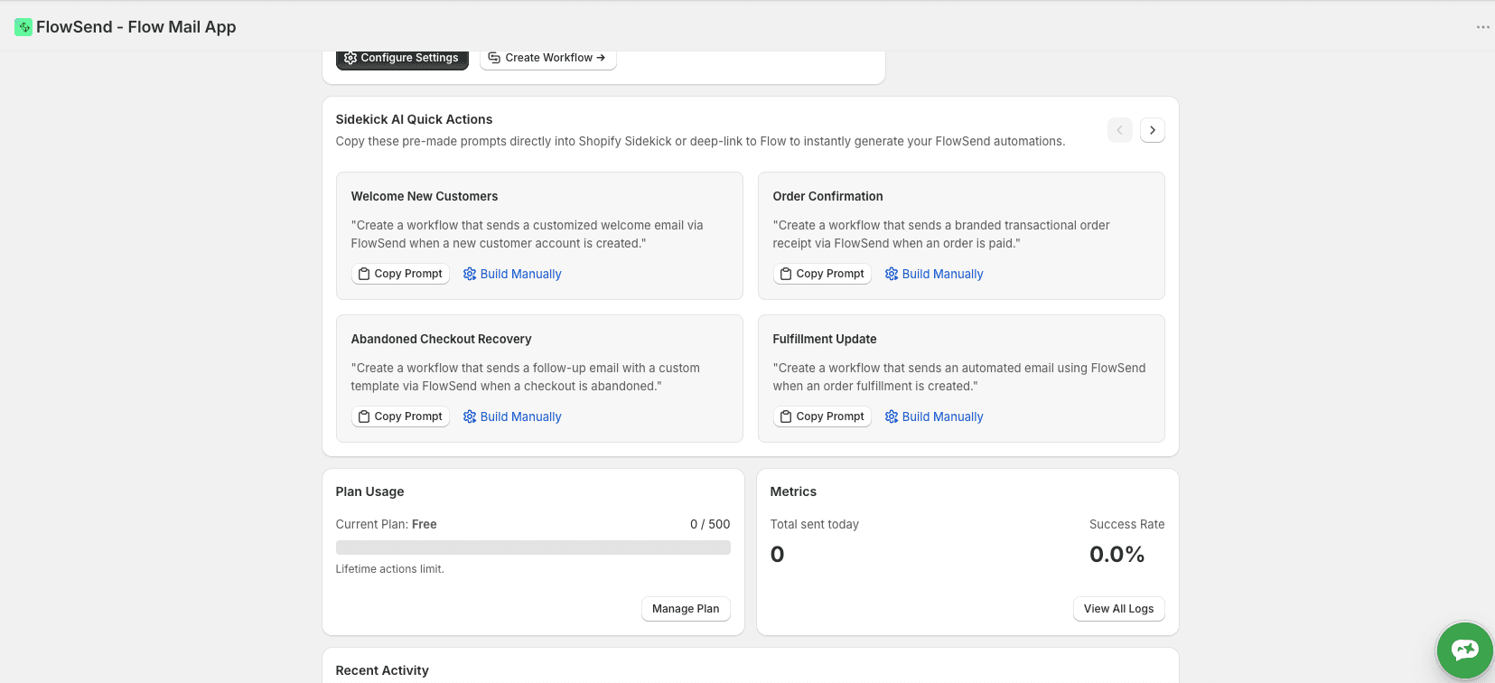 The FlowSend dashboard, offering ready-made Sidekick prompts for welcome, order confirmation, abandoned checkout and fulfilment emails