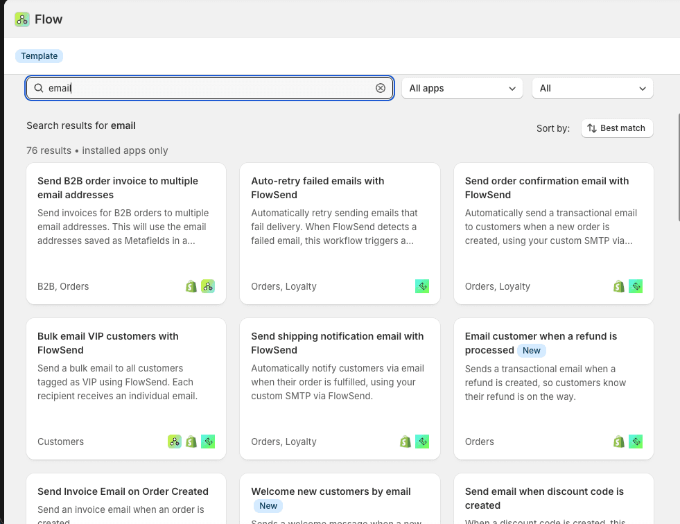 Shopify Flow's template library searched for email, returning 76 results including order confirmation and shipping notification workflows