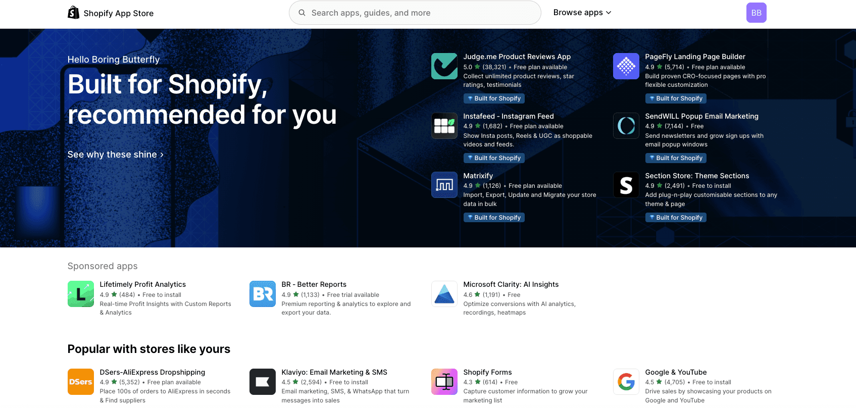 The Shopify App Store's recommended-apps page, listing Judge.me, Instafeed, Matrixify, PageFly and others