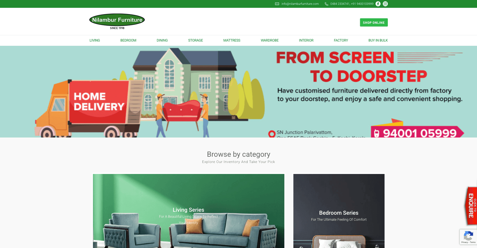 The Nilambur Furniture homepage, with a from-screen-to-doorstep delivery banner above browse-by-category tiles