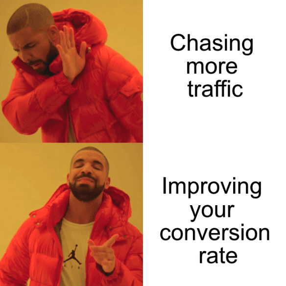 Drake meme: waving away chasing more traffic, pointing approvingly at improving your conversion rate