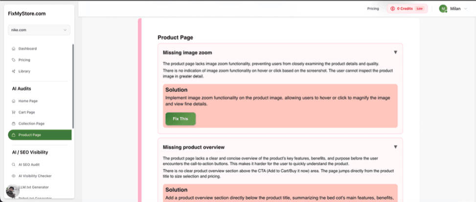 A FixMyStore.com AI audit of a product page, flagging missing image zoom and a missing product overview, each with a suggested fix